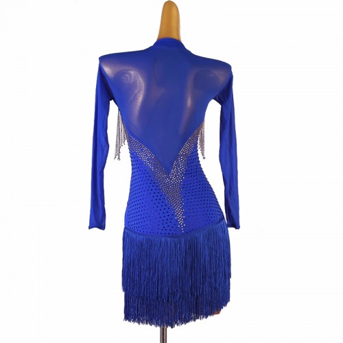 Royal blue with silver tube fringe competition v neck latin dance dresses for women girls long sleeves salsa rumba chacha stage performance costumes for female